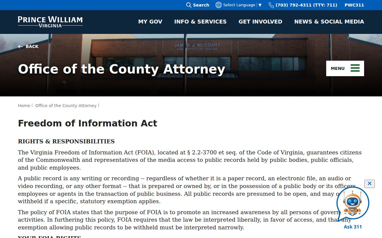 Linton Hall residents directory Prince William FOIA request page