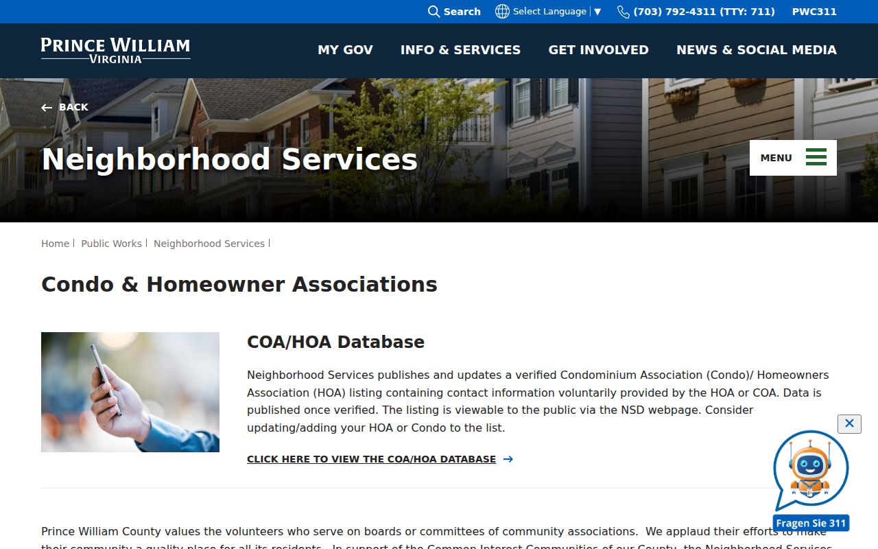 Linton Hall neighbors HOA and COA database contact page