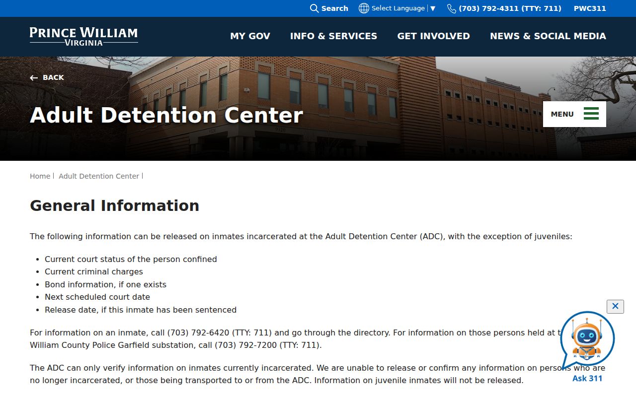 Linton Hall resident lookup Prince William Adult Detention Center information