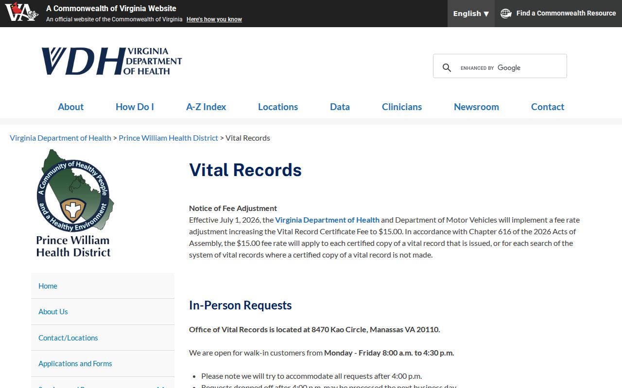 Linton Hall resident lookup Prince William vital records counter